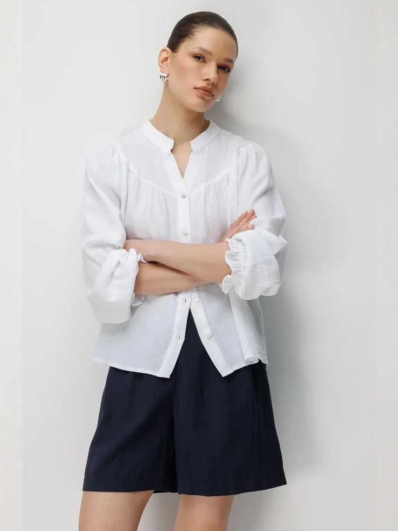 Mixray White Mixray Cotton Mandarin Collar Button Shirt for Women | Best Price UAE