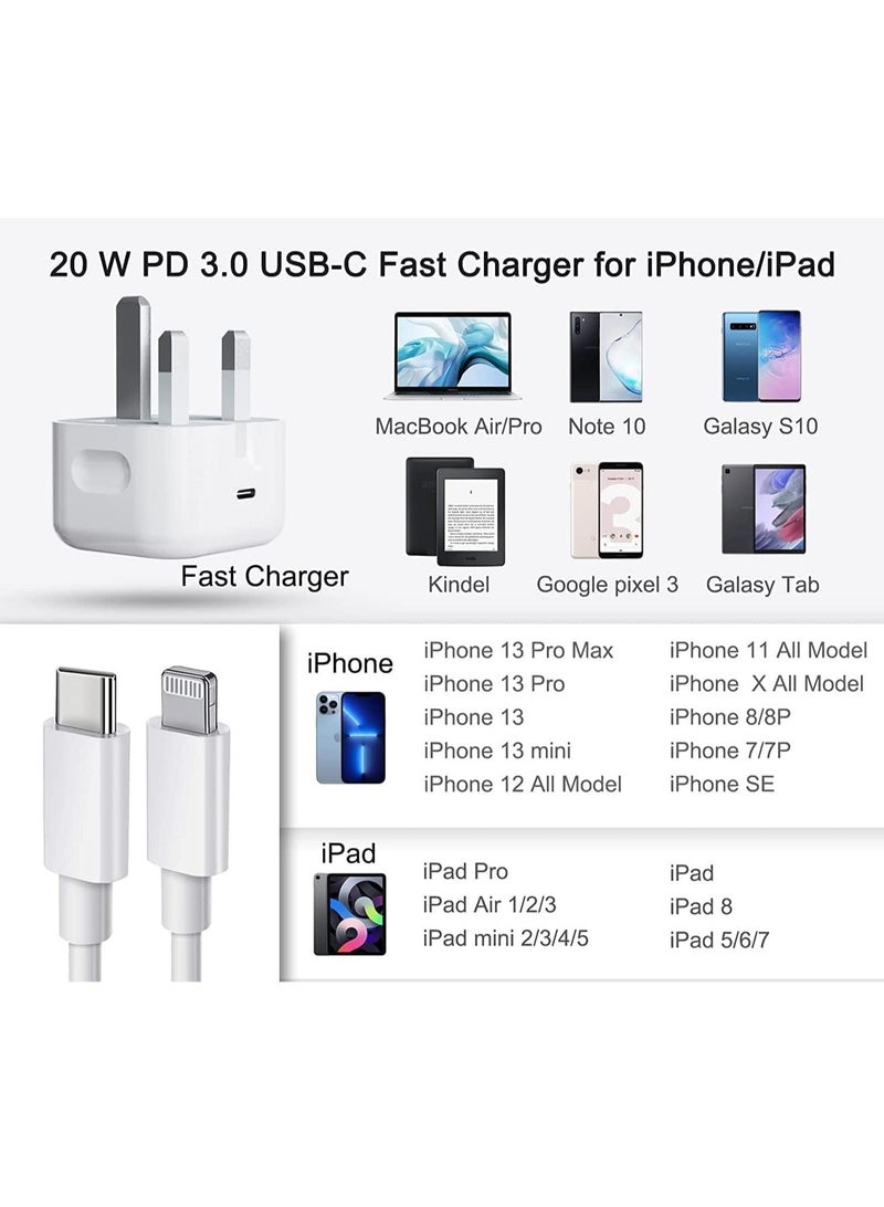 general 20W USB C Fast Charger With 1M Cable for iPhone 14/14 Plus/14 Pro/14 Pro Max/13 12 11 X XR XS SE 2020 8 7 6 6S Mini, Pad Pro, USBC PD Wall Charging Plug UK Type C Power Adapter and 3.3FT - Image 4