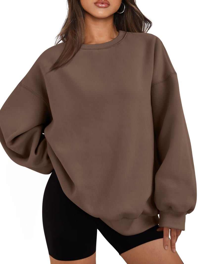 EFAN Womens Sweatshirts Hoodies Oversized Sweaters Crewneck Fleece Casual Tops Basic Comfy Fall Fashion Clothes 2026 Plus Size Maternity Workout Lounge Wear Winter Outfits Brown M - Image 1