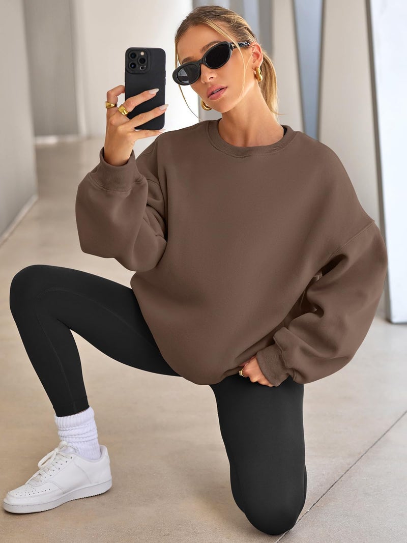 EFAN Womens Sweatshirts Hoodies Oversized Sweaters Crewneck Fleece Casual Tops Basic Comfy Fall Fashion Clothes 2026 Plus Size Maternity Workout Lounge Wear Winter Outfits Brown M - Image 2