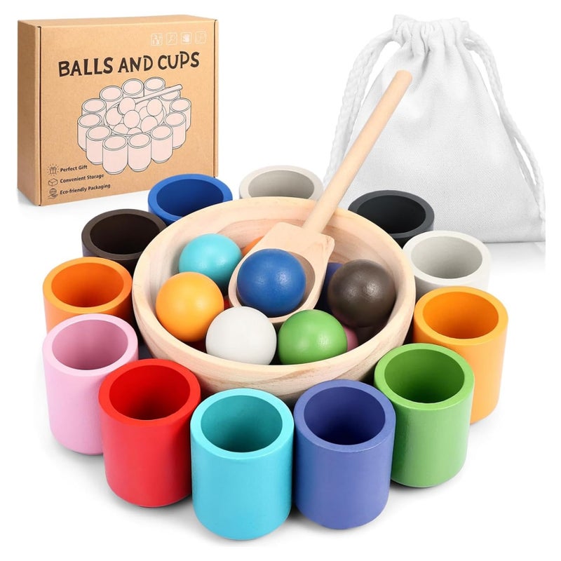 Rainbow Balls in Cups, Montessori Wooden Color Sorting Toys (12 Colors)