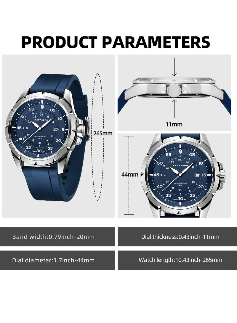 Sapphero  SAPPHERO Men's Silicone Waterproof Watch 5ATM Japanese Quartz Movement Stainless Steel Case Men's Watch Date Design Sport Casual Business Best Gift for Men for Men | Best Price UAE