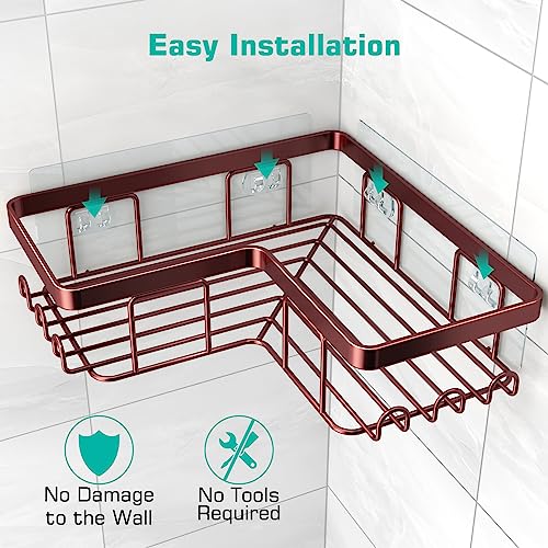 YASONIC Corner Shower Caddy, 3-Pack Adhesive Shower Caddy with Soap Holder and 12 Hooks, Rustproof Stainless Steel, No Drilling Wall Mounted Rack Organizer, for Bathroom, Bronze - Image 5