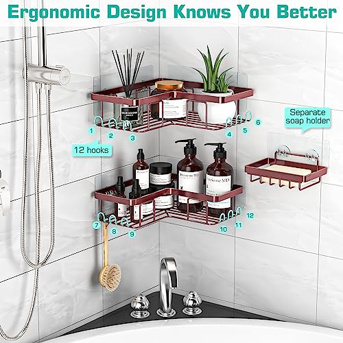 YASONIC Corner Shower Caddy, 3-Pack Adhesive Shower Caddy with Soap Holder and 12 Hooks, Rustproof Stainless Steel, No Drilling Wall Mounted Rack Organizer, for Bathroom, Bronze - Image 4