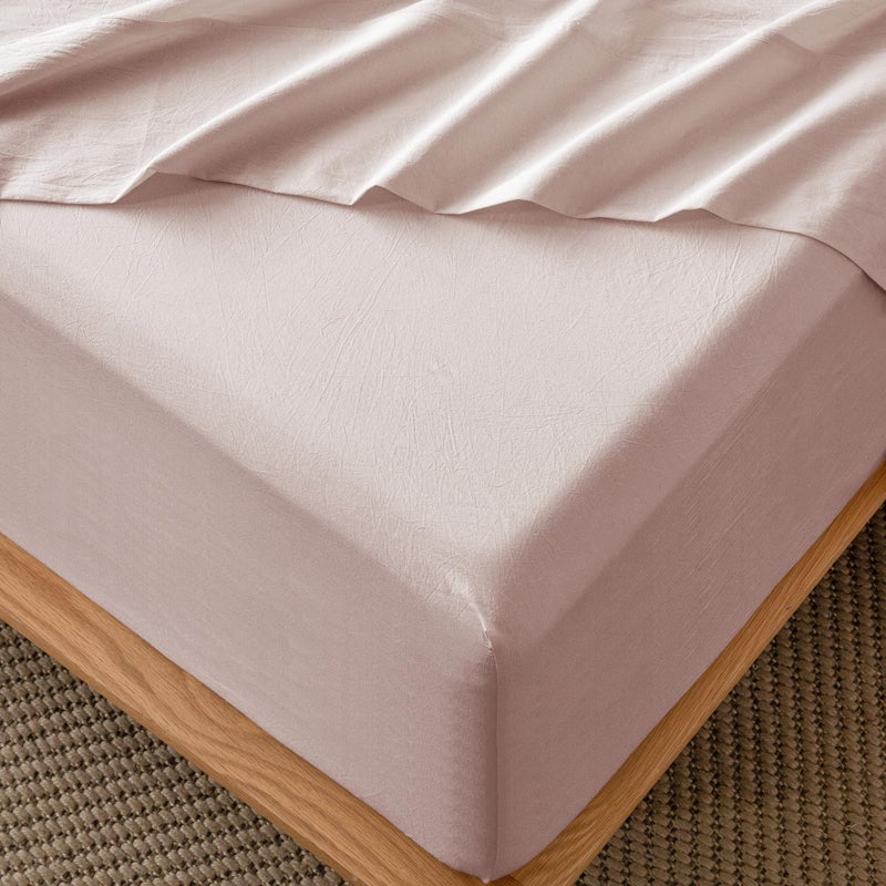 MooMee Fitted Bottom Sheet Only 100% Washed Cotton Linen Like Textured Breathable Durable Soft Comfy Deep Pocket Fits Mattress up to 17" (Greyish Pink, Queen) - Image 1