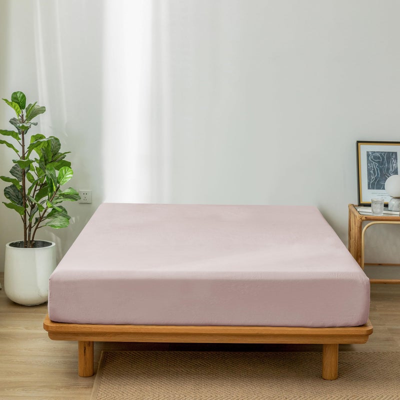 MooMee Fitted Bottom Sheet Only 100% Washed Cotton Linen Like Textured Breathable Durable Soft Comfy Deep Pocket Fits Mattress up to 17" (Greyish Pink, Queen) - Image 3