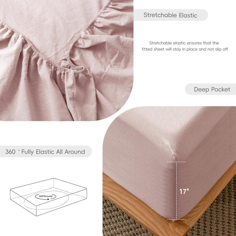 MooMee Fitted Bottom Sheet Only 100% Washed Cotton Linen Like Textured Breathable Durable Soft Comfy Deep Pocket Fits Mattress up to 17" (Greyish Pink, Queen) - Image 5