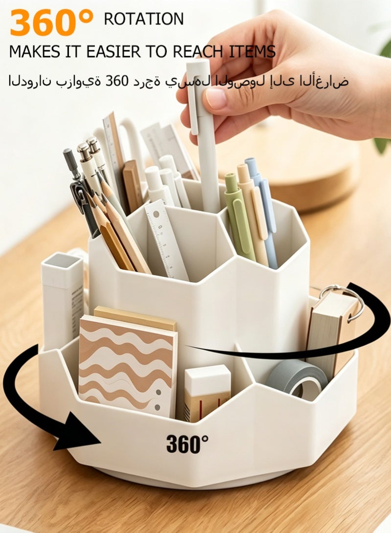 كيوومي منظمات مكتب，منظم مكتب دوار 360 درجة مع 9 فتحات - حامل أقلام رصاص باللون البيج للمكتب، المنزل، ولوازم الفن - منظم أدوات مكتبية لطيف. - Image 2