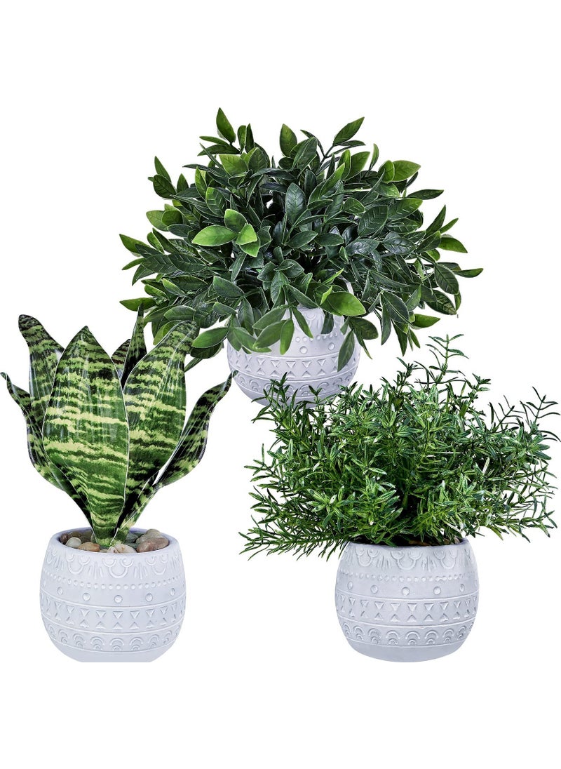 Winlyn Winlyn Set of 3 Small Artificial Potted Plants  Eucalyptus Rosemary  Tropical Snake Plant in White Geometric Pots for Table Centerpieces Shelf Windowsill Desk Indoor Outdoor Greenery Decor 