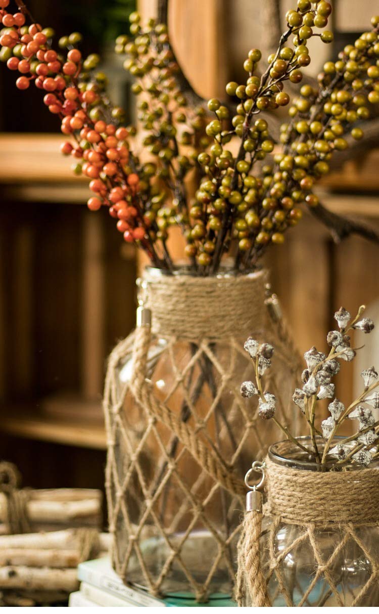 Funsoba Rustic Hanging Mason Nautical Jar Rope Net Dry Flower Glass Vase with Handle Pack of 2 (2 Vase 8") - Image 2