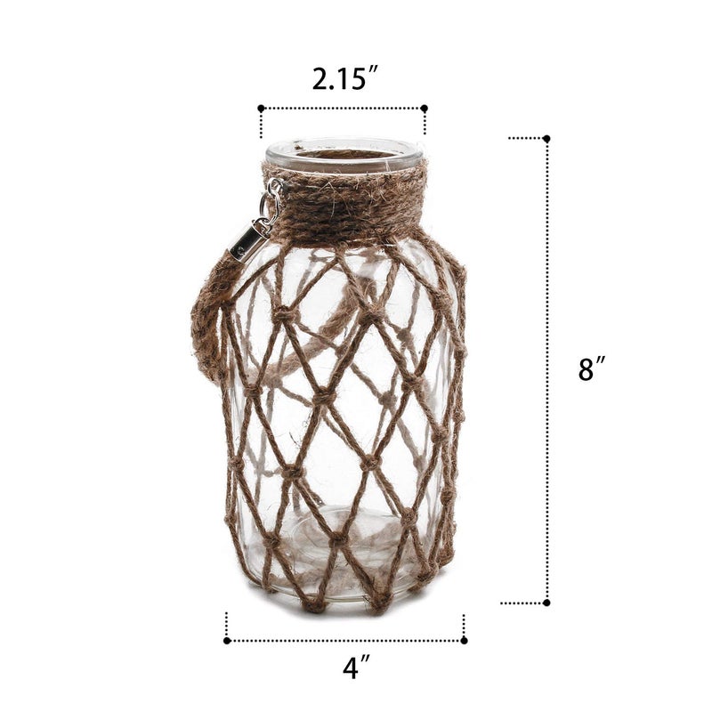 Funsoba Rustic Hanging Mason Nautical Jar Rope Net Dry Flower Glass Vase with Handle Pack of 2 (2 Vase 8") - Image 3