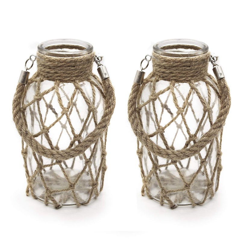 Funsoba Rustic Hanging Mason Nautical Jar Rope Net Dry Flower Glass Vase with Handle Pack of 2 (2 Vase 8") - Image 1