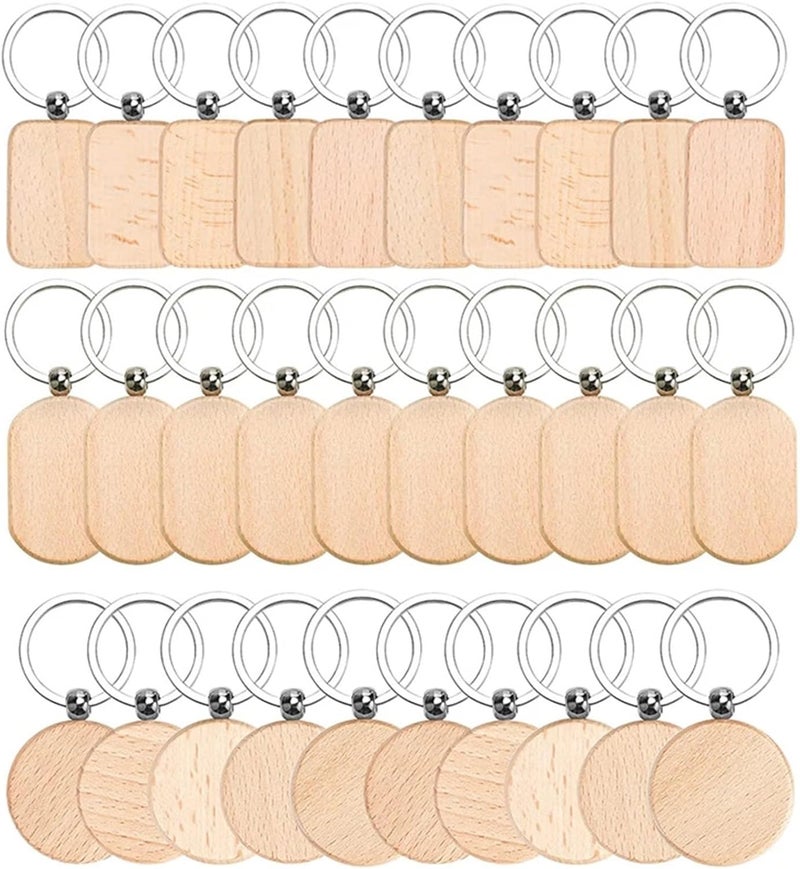 Keychains 60Pcs Wood Keychain Blanks,3 Kinds Shape Wood Engraving Blanks Key Chain, Unfinished Wooden Key Tag for DIY Gift Crafts - Image 1
