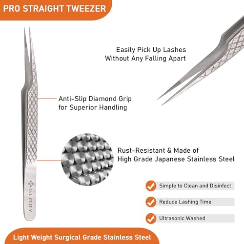 Glory Precision Fiber Tips Perfect Tweezers for Isolation and Classic Eyelash Extensions, Stainless Steel Pro Straight Tip Anti-Slip Anti-Static Diamond Grip Eyelash Tweezers - Image 5