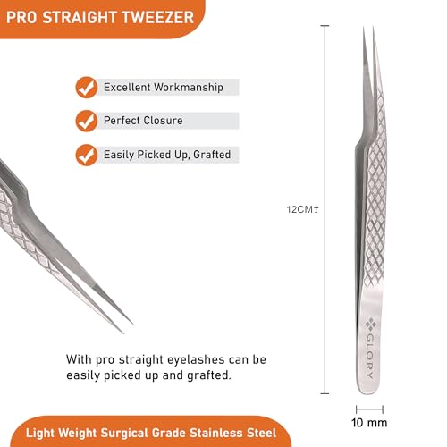 Glory Precision Fiber Tips Perfect Tweezers for Isolation and Classic Eyelash Extensions, Stainless Steel Pro Straight Tip Anti-Slip Anti-Static Diamond Grip Eyelash Tweezers - Image 4