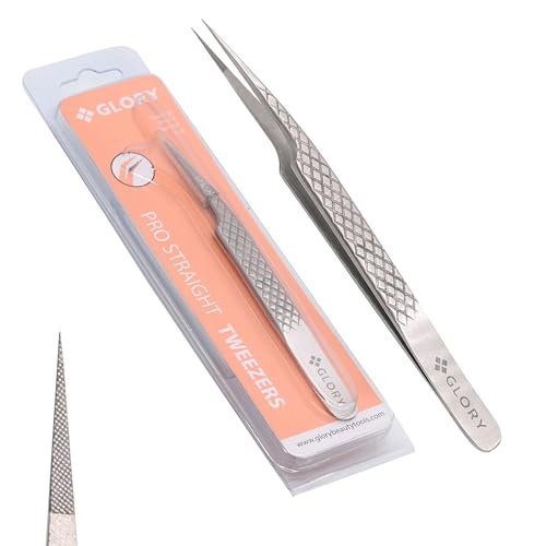 Glory Precision Fiber Tips Perfect Tweezers for Isolation and Classic Eyelash Extensions, Stainless Steel Pro Straight Tip Anti-Slip Anti-Static Diamond Grip Eyelash Tweezers - Image 1