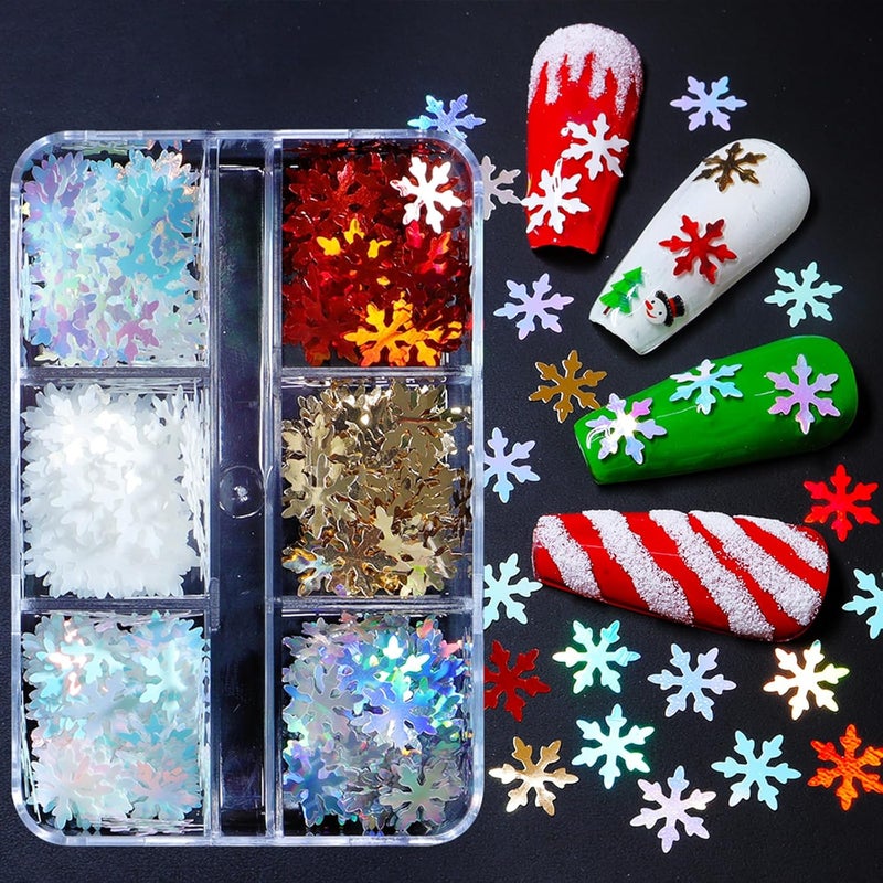 Jacnkb 6 Grids Christmas Snowflakes Nail Glitter Sequins 3D Christmas Tree Snowflake Design Sparkly Nail Flakes Laser Snowflake Nail Decorations Winter Nail Art Supplies Decorations for Women