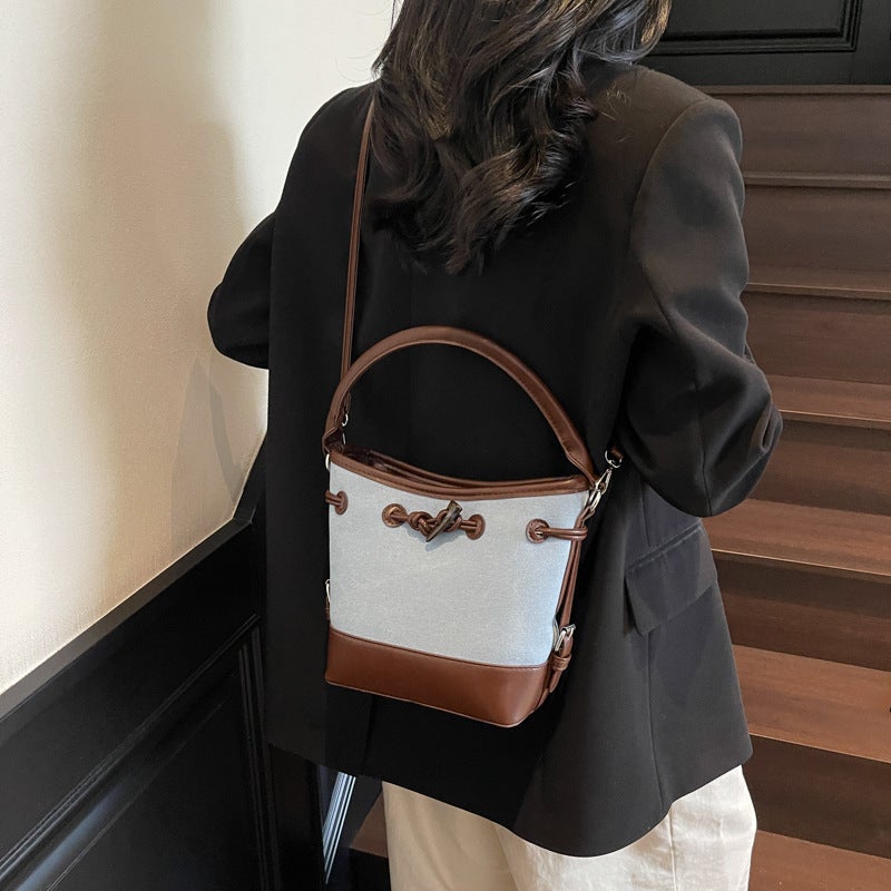 Niche Design Canvas Splicing Bucket Bag For Women Satchel Commuter Bag Fashionable Shoulder Crossbody Bag Trendy - Image 4