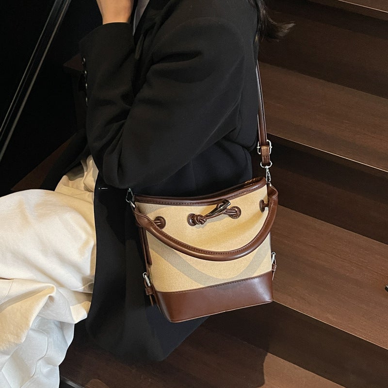Niche Design Canvas Splicing Bucket Bag For Women Satchel Commuter Bag Fashionable Shoulder Crossbody Bag Trendy - Image 5