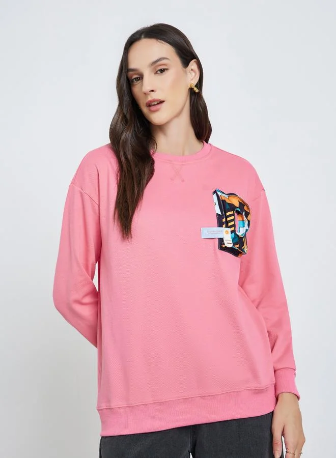 تايك تو Women's 3D Printed Decor Round Neck Long Sleeve Sweatshirt