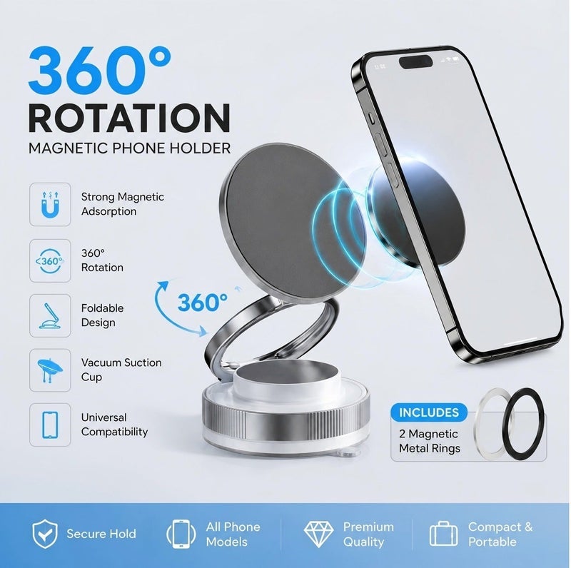 Ayshal 360° Rotation Magnetic Car Phone Holder, With Vacuum Suction Cup Foldable,Comes With Magnetic Metal Rings, Compatible With All Phone Models, Universal For Car Screens, Bathroom Tiles & Glass - Image 2