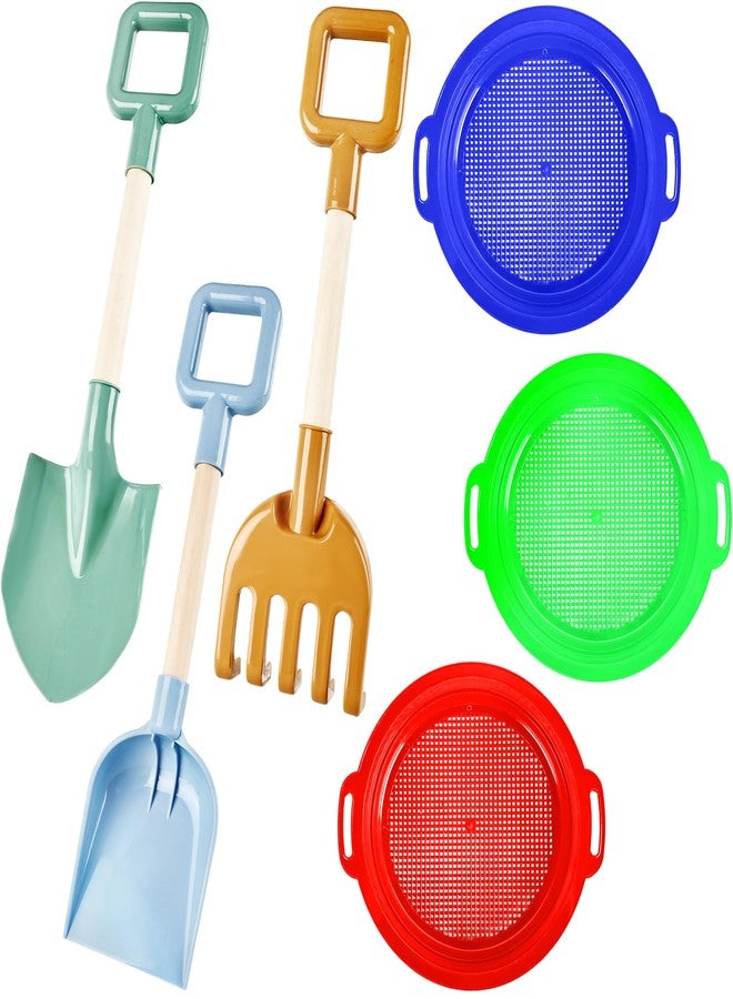 Feradny 6 Pack Beach Sand Tools Including 3 Pack 16'' Heavy Duty Jumbo Shovels Large Beach Spade Scoop Rake for Kids and 3 Pack 9'' Sand Sifter Sieves Pan Strainer for Summer Gardening Beach Digging - Image 1