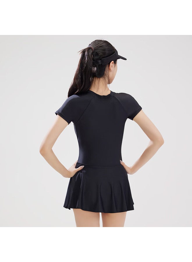 F.dyraa Women's Conservative Slimming Tummy Control One-piece Skirted Swimsuit Three-piece Set 14146 Black L