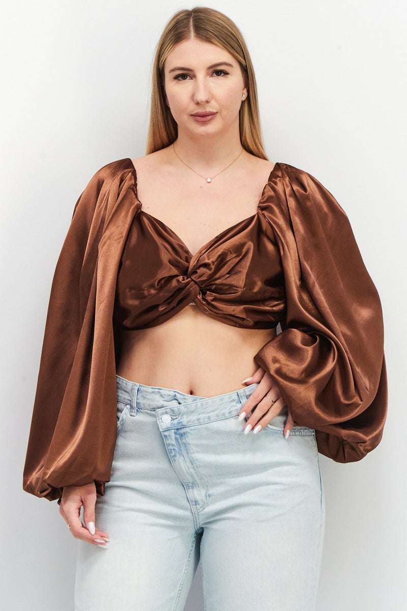 Yaura Women Queen Anne Neck Balloon Sleeve Solid Crop Top, Brown - Image 1