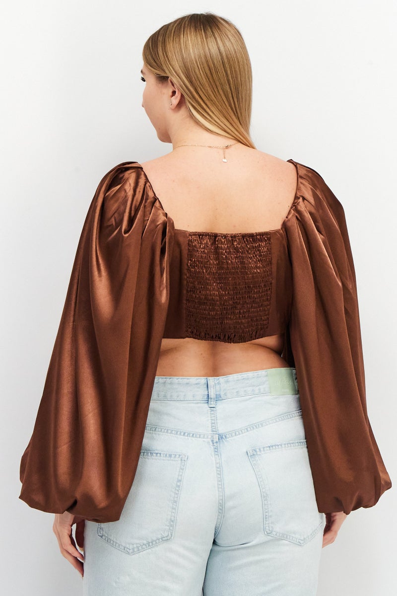 Yaura Women Queen Anne Neck Balloon Sleeve Solid Crop Top, Brown - Image 2