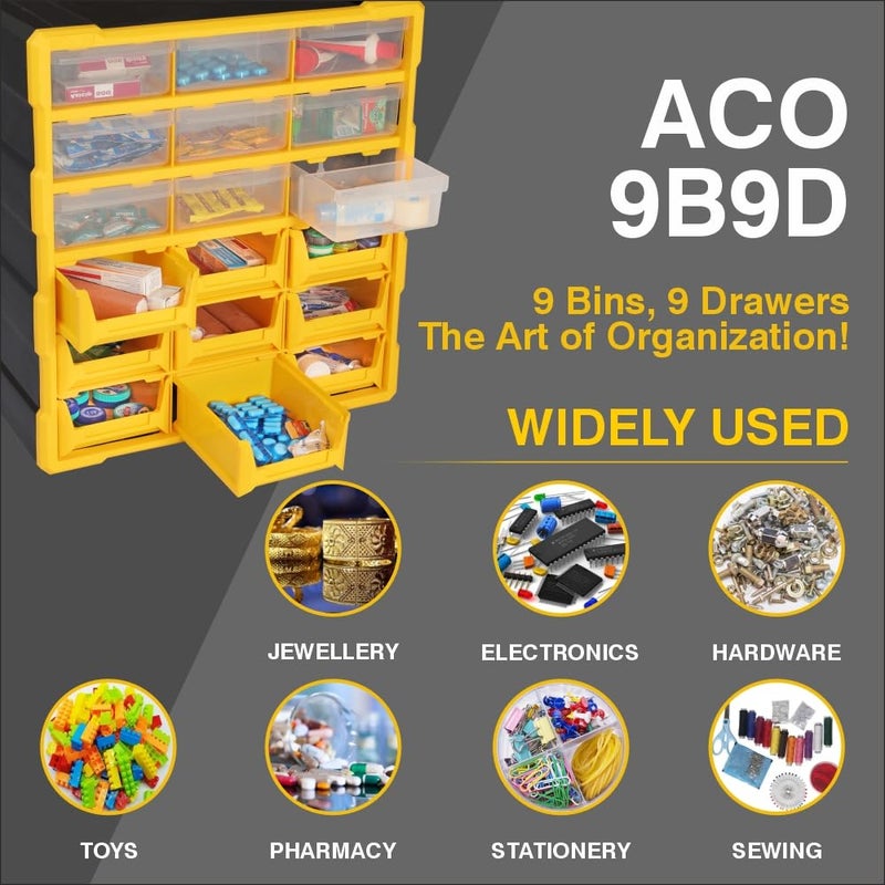 Alkon Component Organiser with 9 Bins 9 Drawers for Storage Yellow - Image 5