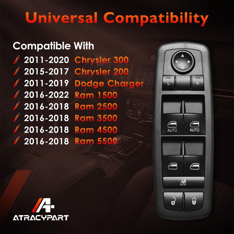 ATRACYPART زر التحكم في نافذة الطاقة الجانبية للسائق، بديل لرام 1500/2500/3500 من 2016-2022، دودج تشارجر من 2011-2019، كرايسلر 200 من 2015-2017، كرايسلر 300 من 2011-2020 | بديل# 68139805AB 56046823AE - Image 2