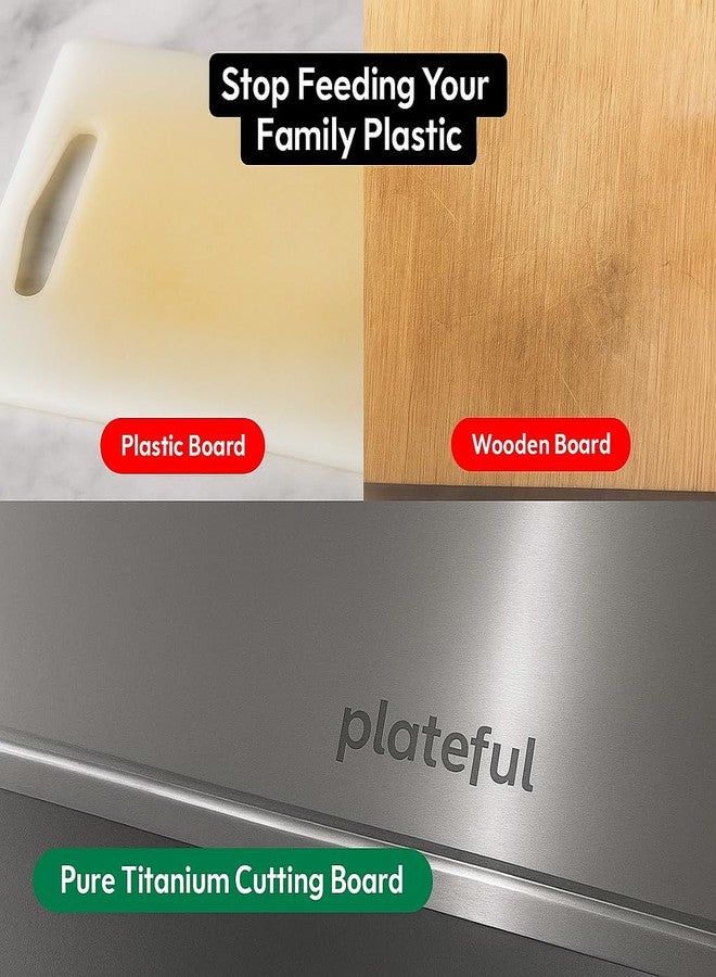 طبق لوح تقطيع من التيتانيوم من Plateful - ألواح تقطيع حقيقية من التيتانيوم للمطبخ مع مجرى للعصارة، ألواح تقطيع آمنة غذائياً، خالية من الجزيئات البلاستيكية الدقيقة، تدوم مدى الحياة (صغير) - Image 4