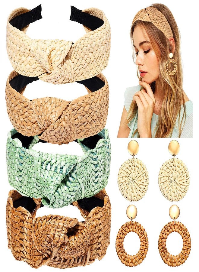 NVENF 6Pack Straw Headbands Rattan Earrings for Women, Boho Raffia Straw Knotted Hairband, Wide Woven Twist Hair Hoop, Summer Beach Headwear Hair Accessory - Image 1