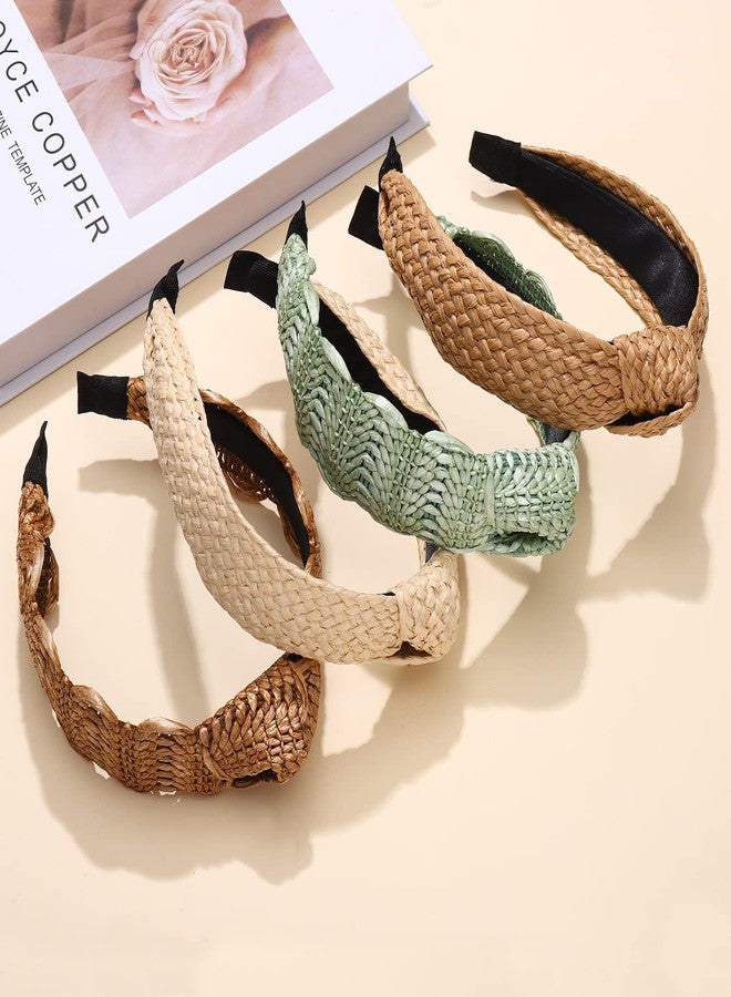 NVENF 6Pack Straw Headbands Rattan Earrings for Women, Boho Raffia Straw Knotted Hairband, Wide Woven Twist Hair Hoop, Summer Beach Headwear Hair Accessory - Image 2