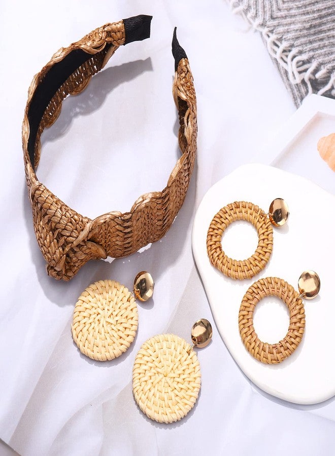 NVENF 6Pack Straw Headbands Rattan Earrings for Women, Boho Raffia Straw Knotted Hairband, Wide Woven Twist Hair Hoop, Summer Beach Headwear Hair Accessory - Image 4
