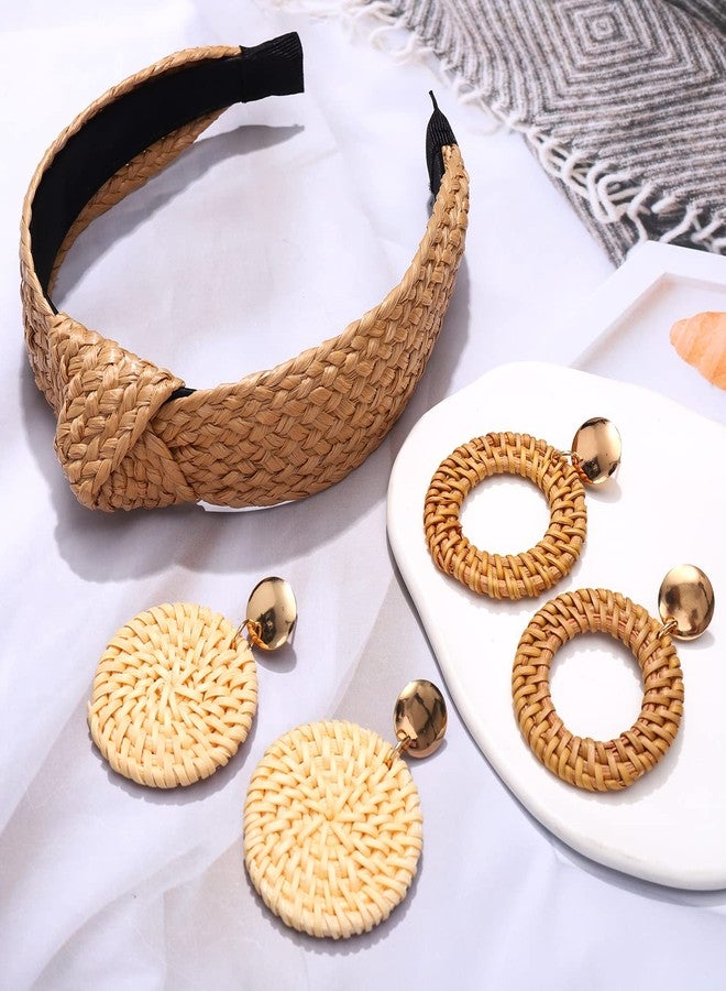 NVENF 6Pack Straw Headbands Rattan Earrings for Women, Boho Raffia Straw Knotted Hairband, Wide Woven Twist Hair Hoop, Summer Beach Headwear Hair Accessory - Image 5