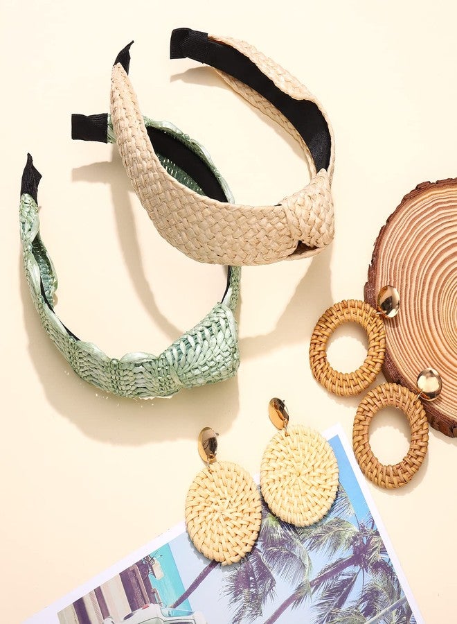 NVENF 6Pack Straw Headbands Rattan Earrings for Women, Boho Raffia Straw Knotted Hairband, Wide Woven Twist Hair Hoop, Summer Beach Headwear Hair Accessory - Image 3