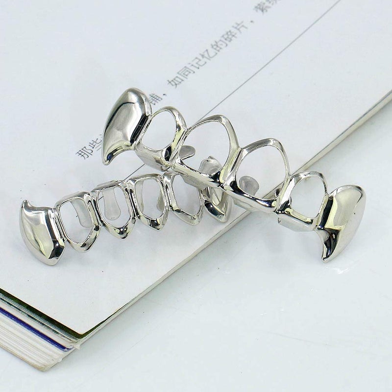 TOPGRILLZ 14K Gold Plated Open Face Top and Bottom Grillz for Your Teeth Vampire Grill Hip Hop Cosplay Costume Rapper Accessory (Silver Vampire) - Image 3