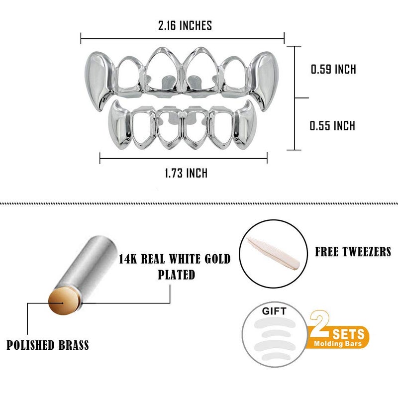 TOPGRILLZ 14K Gold Plated Open Face Top and Bottom Grillz for Your Teeth Vampire Grill Hip Hop Cosplay Costume Rapper Accessory (Silver Vampire) - Image 2