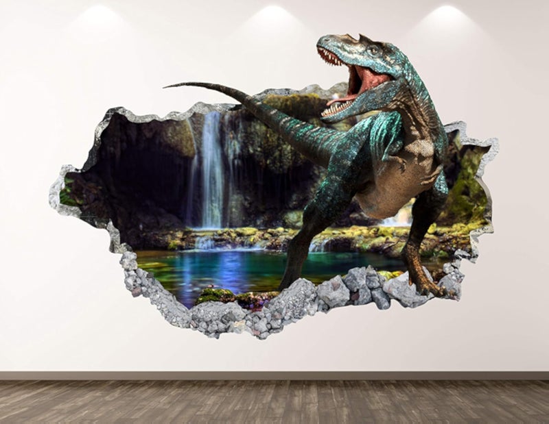 Forest Dinosaur Wall Decal Art Decor 3D Smashed Cave Sticker Poster Kids Room Mural Custom Gift BL379 (22"W x 14"H)