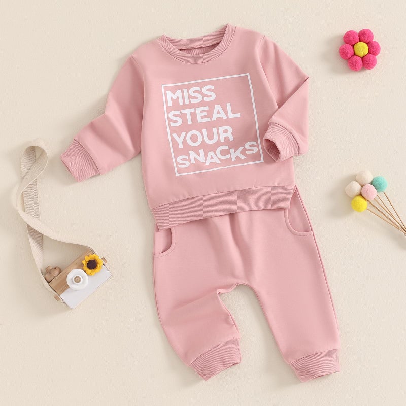 BeQeuewll Baby Girl Clothes Fall Winter Outfits Long Sleeve Sweatsuit Letter Sweatshirt Pants Infant Toddler Girls Clothing (Snacks-Pink, 6-12 Months) - Image 2