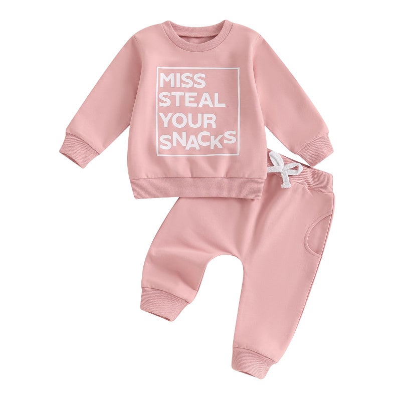 BeQeuewll Baby Girl Clothes Fall Winter Outfits Long Sleeve Sweatsuit Letter Sweatshirt Pants Infant Toddler Girls Clothing (Snacks-Pink, 6-12 Months) - Image 1