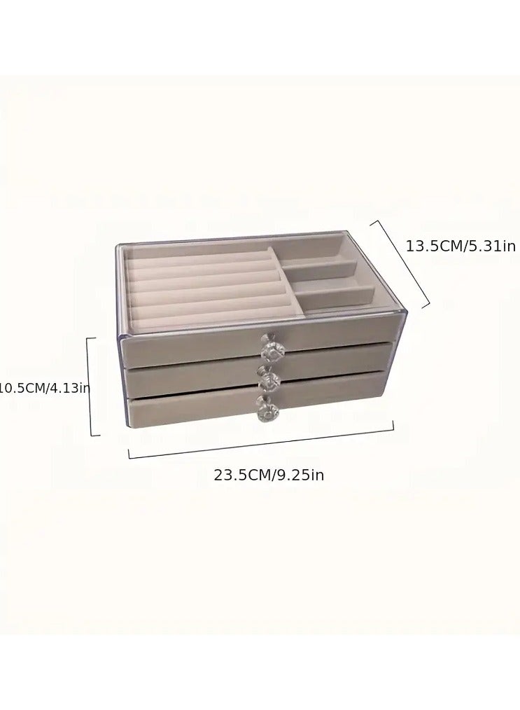 Rozino 1pc Luxury 3-Layer Velvet Jewelry Storage Box with Clear Acrylic Lid - Anti-Oxidation, Dust-Proof Drawer Organizer for Earrings, Necklaces, Bracelets | Classic Style, Multi-Compartment Design with Key Lock Closure for Desktop Display, Desktop Storage|Polished Finish|Flannel Compartments, Jewelry Box  - Image 4