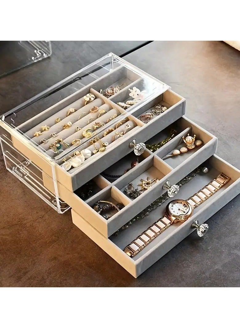 Rozino 1pc Luxury 3-Layer Velvet Jewelry Storage Box with Clear Acrylic Lid - Anti-Oxidation, Dust-Proof Drawer Organizer for Earrings, Necklaces, Bracelets | Classic Style, Multi-Compartment Design with Key Lock Closure for Desktop Display, Desktop Storage|Polished Finish|Flannel Compartments, Jewelry Box  - Image 1