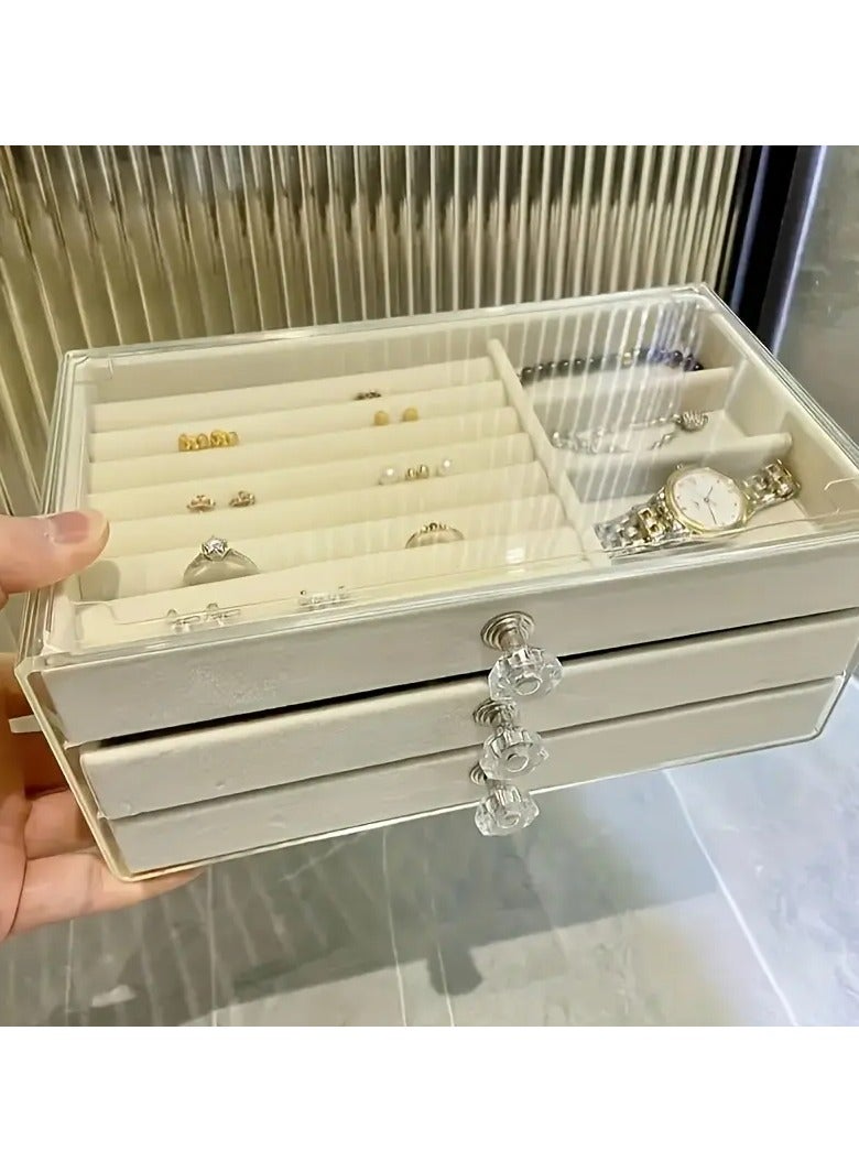 Rozino 1pc Luxury 3-Layer Velvet Jewelry Storage Box with Clear Acrylic Lid - Anti-Oxidation, Dust-Proof Drawer Organizer for Earrings, Necklaces, Bracelets | Classic Style, Multi-Compartment Design with Key Lock Closure for Desktop Display, Desktop Storage|Polished Finish|Flannel Compartments, Jewelry Box  - Image 3