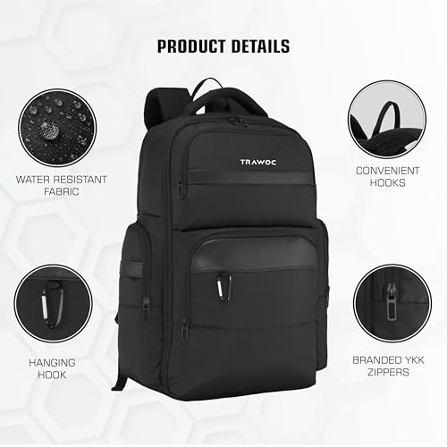 TRAWOC 30L Laptop Backpack TPB03 | Office & Travel Bag with 16-Inch Laptop Compartment, Suitcase-Style Opening, USB Charging & 3-Year Warranty - Black - Image 4