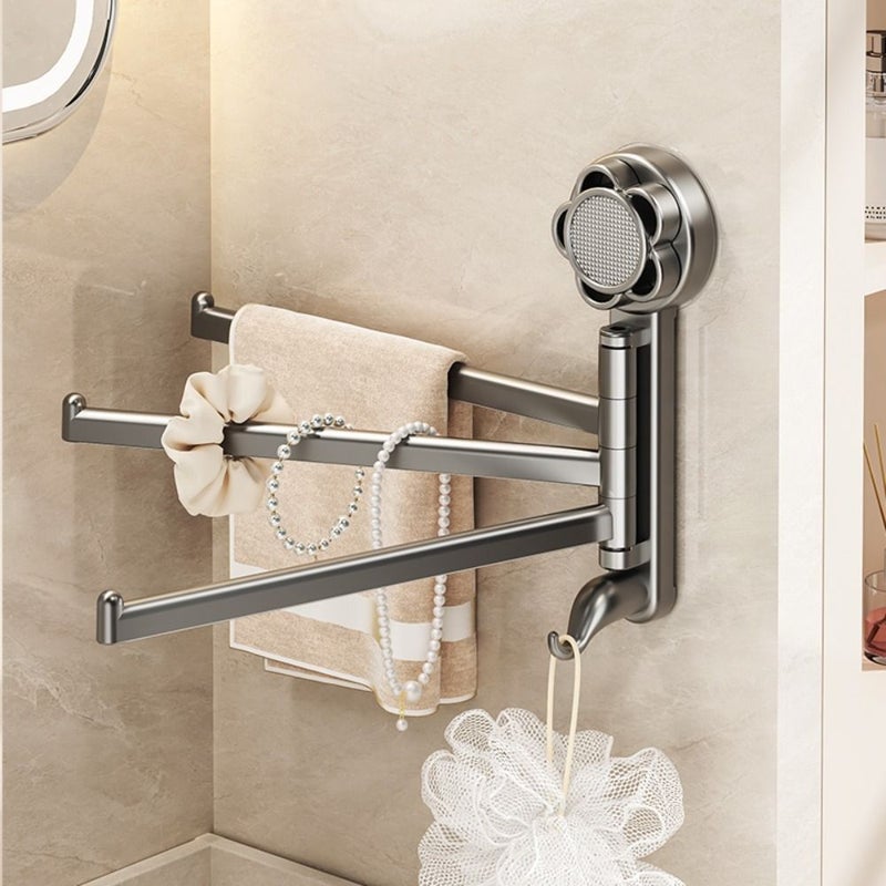 Gray No Drill Rotating Towel Rack Adjustable Suction Cup Wall Mount for Small Bathroom Hand Towels Washcloths - Image 2