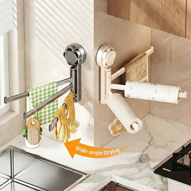 Gray No Drill Rotating Towel Rack Adjustable Suction Cup Wall Mount for Small Bathroom Hand Towels Washcloths - Image 1
