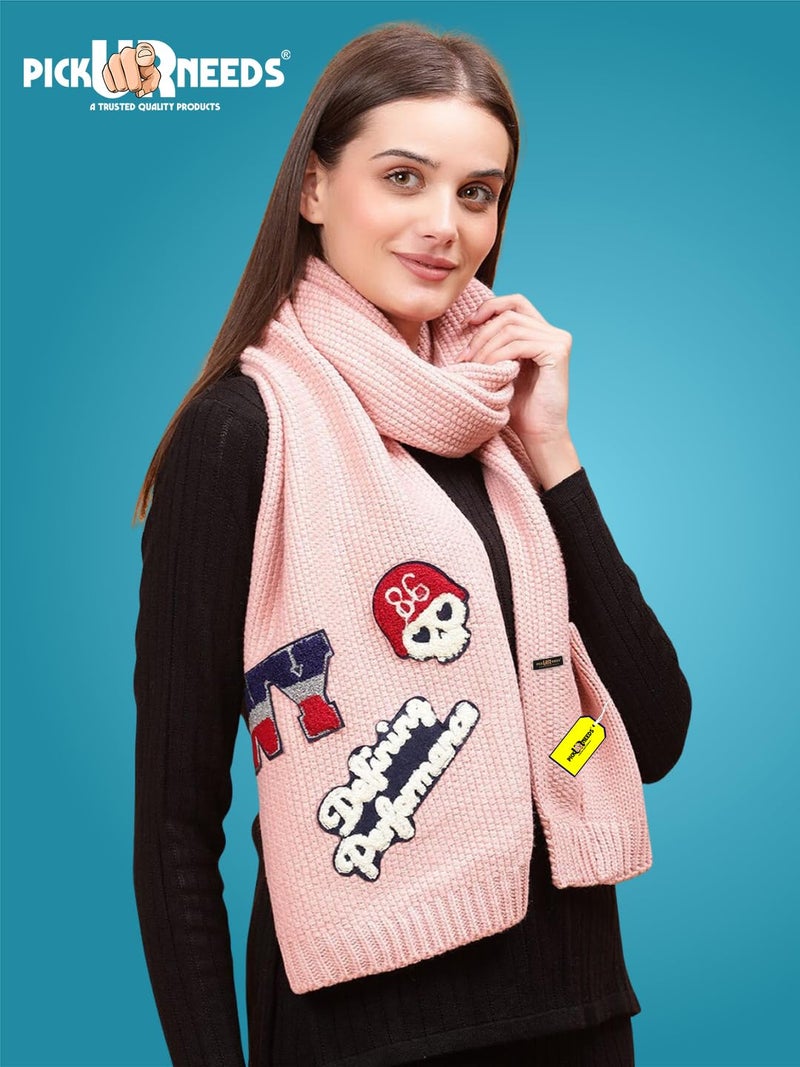 Pick Ur Needs Women Winter Woolen Muffler with Trendy Patch Design Soft Warm Knitted Scarf for Girls & Ladies Stylish Casual Mufflers (Baby Pink) - Image 5