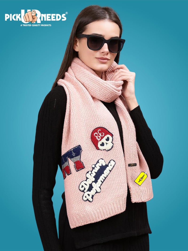 Pick Ur Needs Women Winter Woolen Muffler with Trendy Patch Design Soft Warm Knitted Scarf for Girls & Ladies Stylish Casual Mufflers (Baby Pink) - Image 3